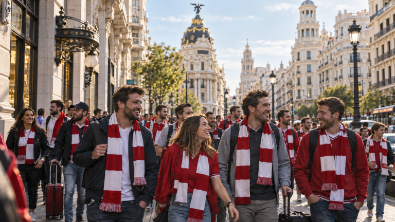 Away football supporters in team scarves walking along Gran Vía in Madrid