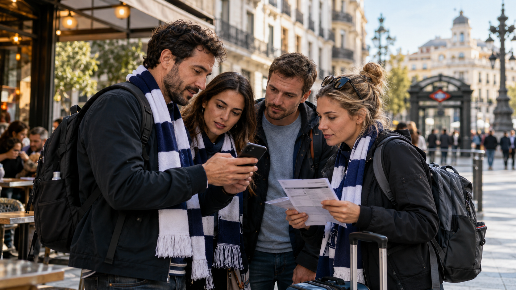 Football supporter checking a mobile match ticket outside a stadium in Spain