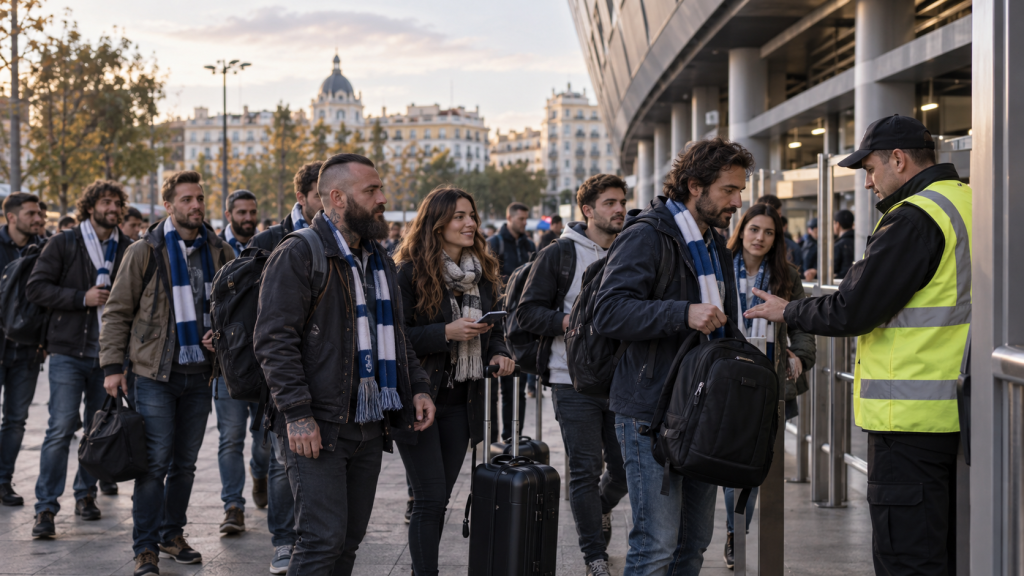Away football fans with bags and suitcases queuing at a stadium security check in Spain