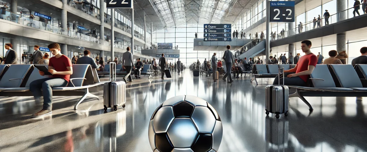 Football fan traveling internationally with safety measures in place at the airport.